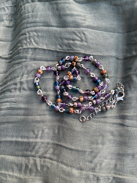 Semi-Precious Amethyst & Glass Bead Silver Chain Necklace-Choker