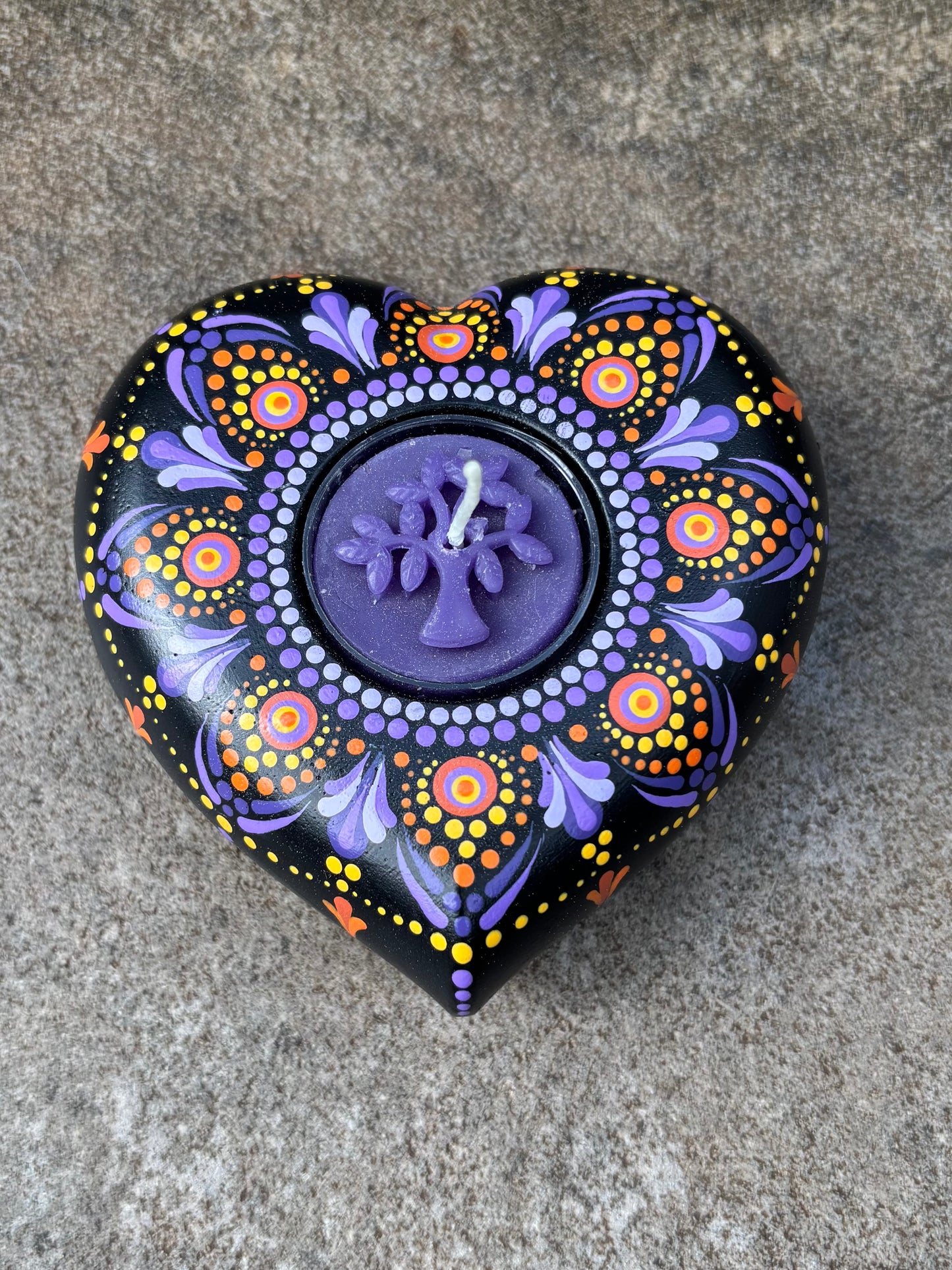 Concrete Heart Mandala Tealight Tea Light Holder Purple Orange