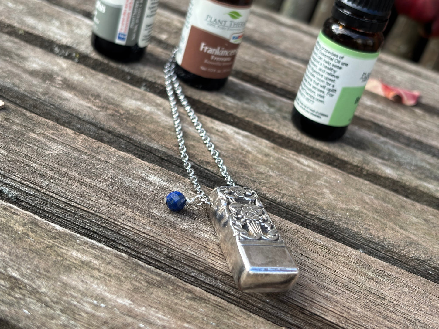 Up-Cycled Vintage Silverware Essential Oil Diffuser Pendant with Lapis Crystal