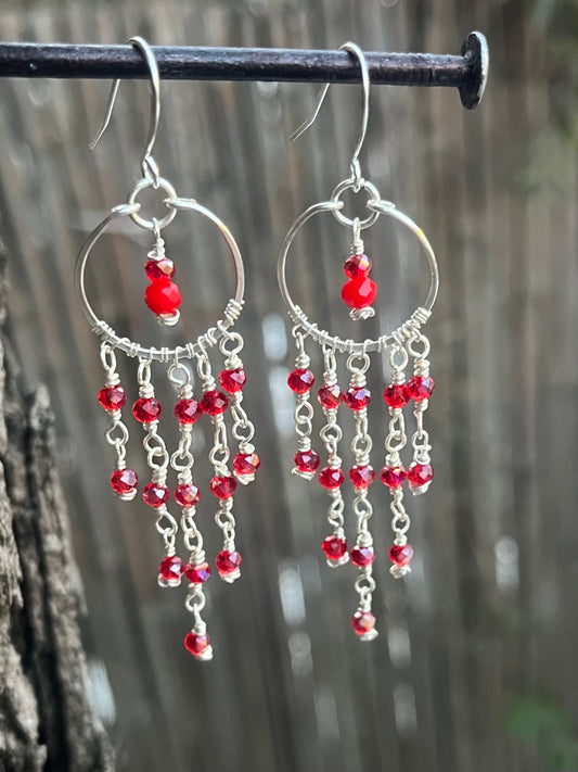 Silver Chandelier Earrings Red