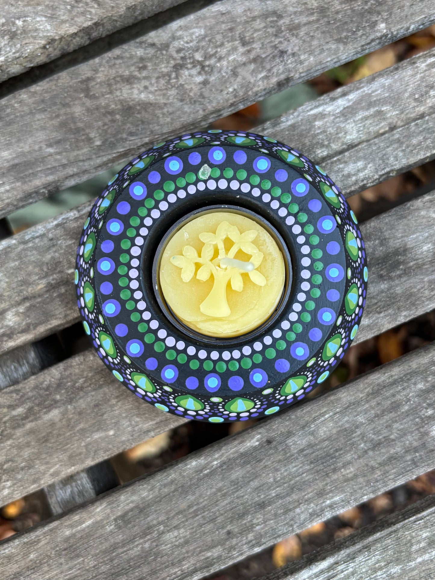 Concrete Mandala Tealight Tea Light Holder Purple Green