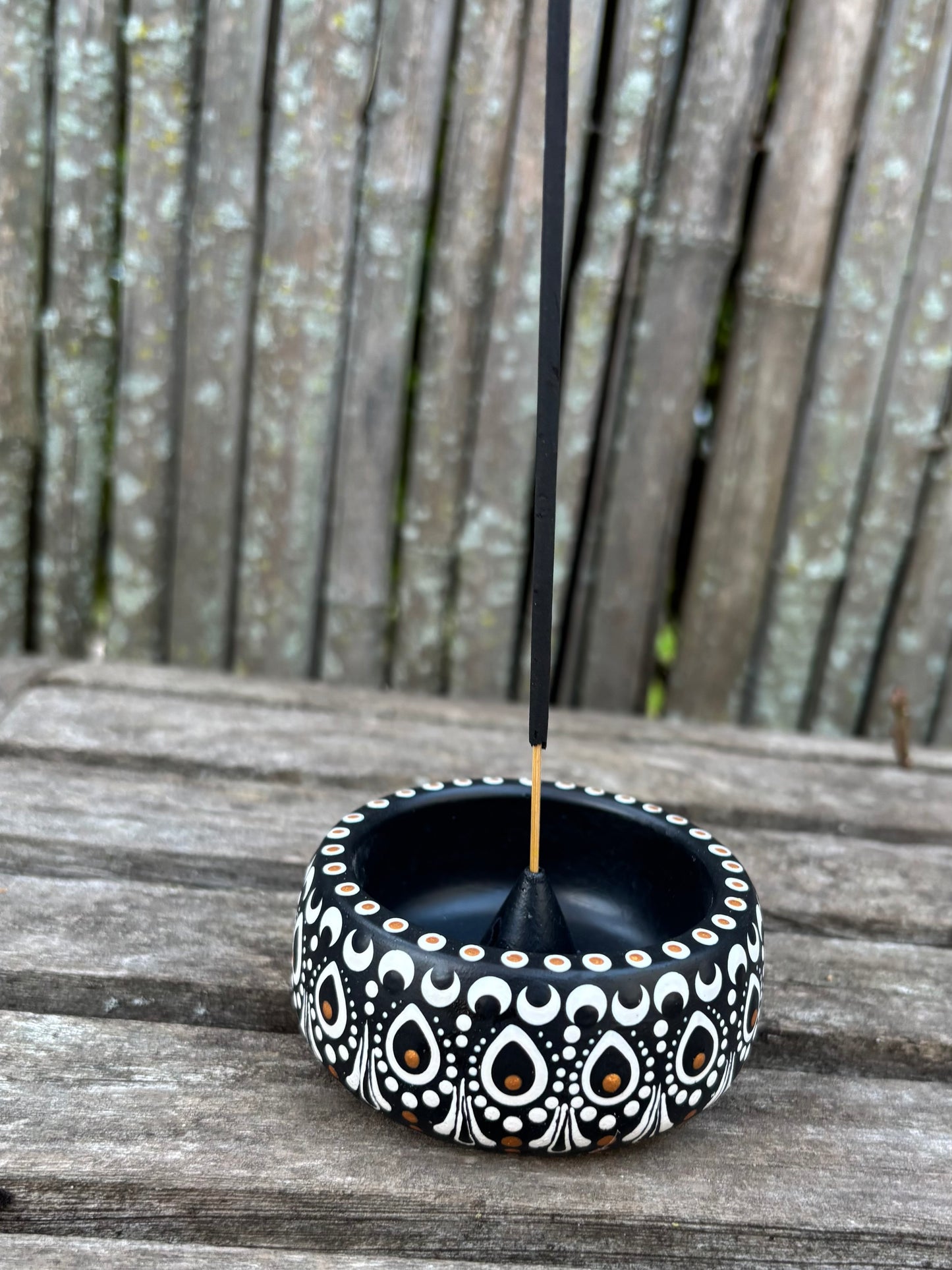 Concrete Mandala Incense Holder Burner Black and White