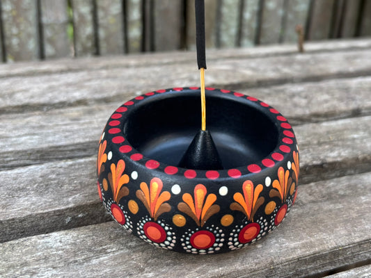 Concrete Mandala Incense Holder Burner Red, Orange, and Gold