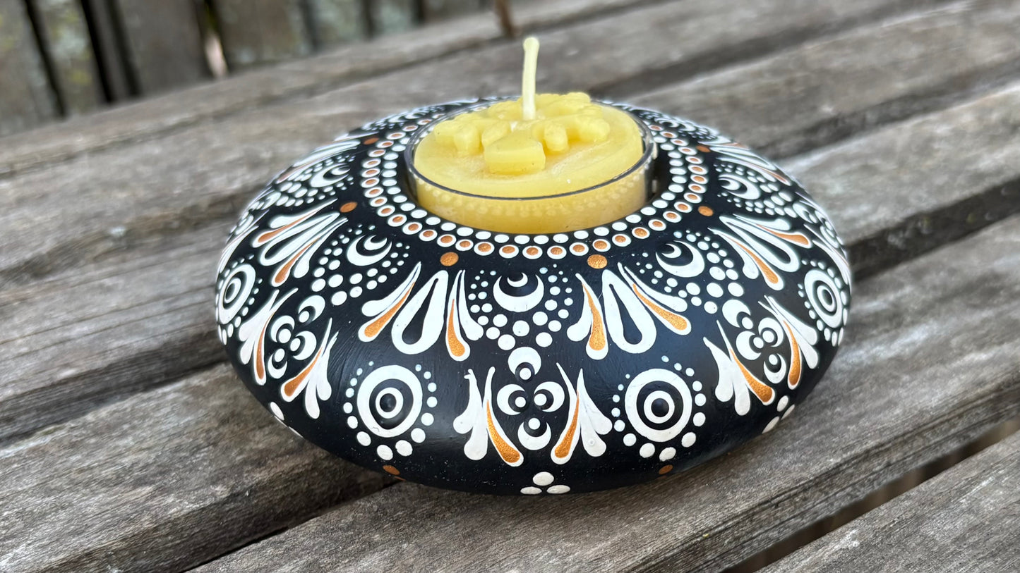 Concrete Mandala Tealight Tea Light Holder Black and White
