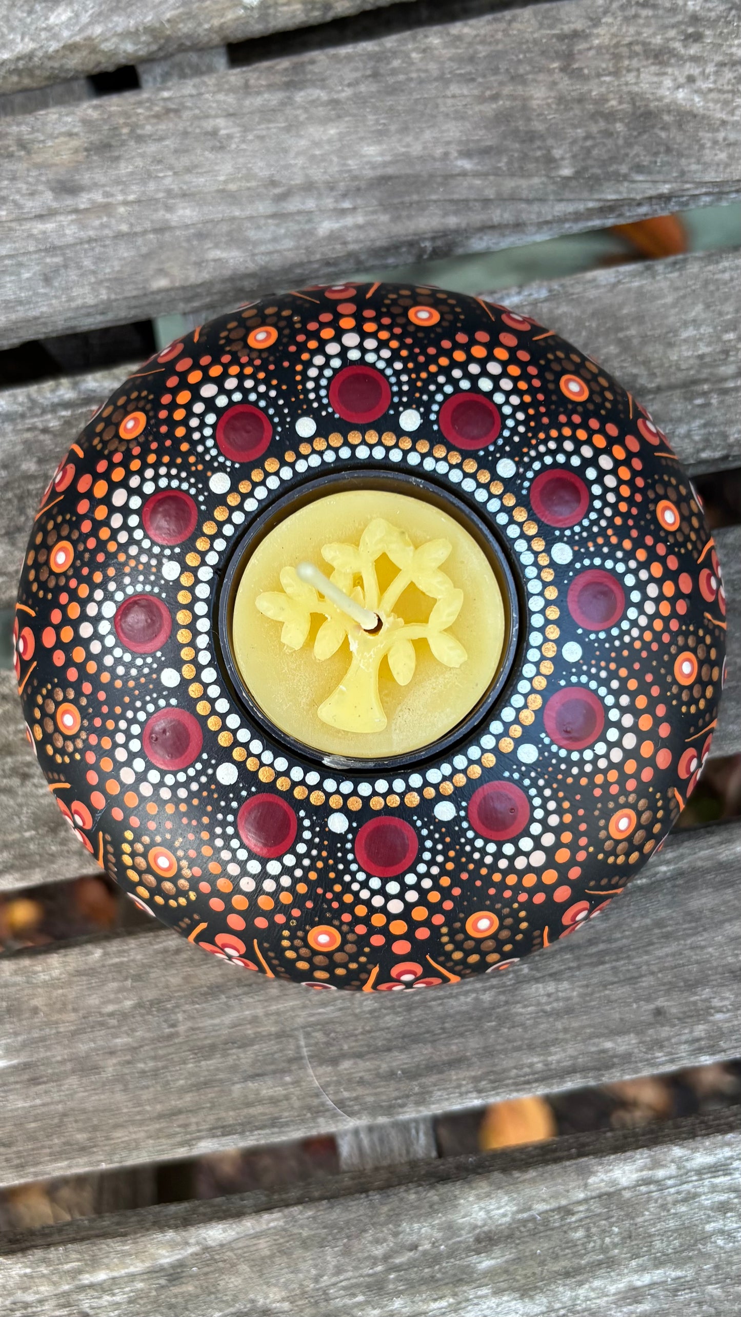 Concrete Mandala Tealight Tea Light Holder Red, Orange, Gold