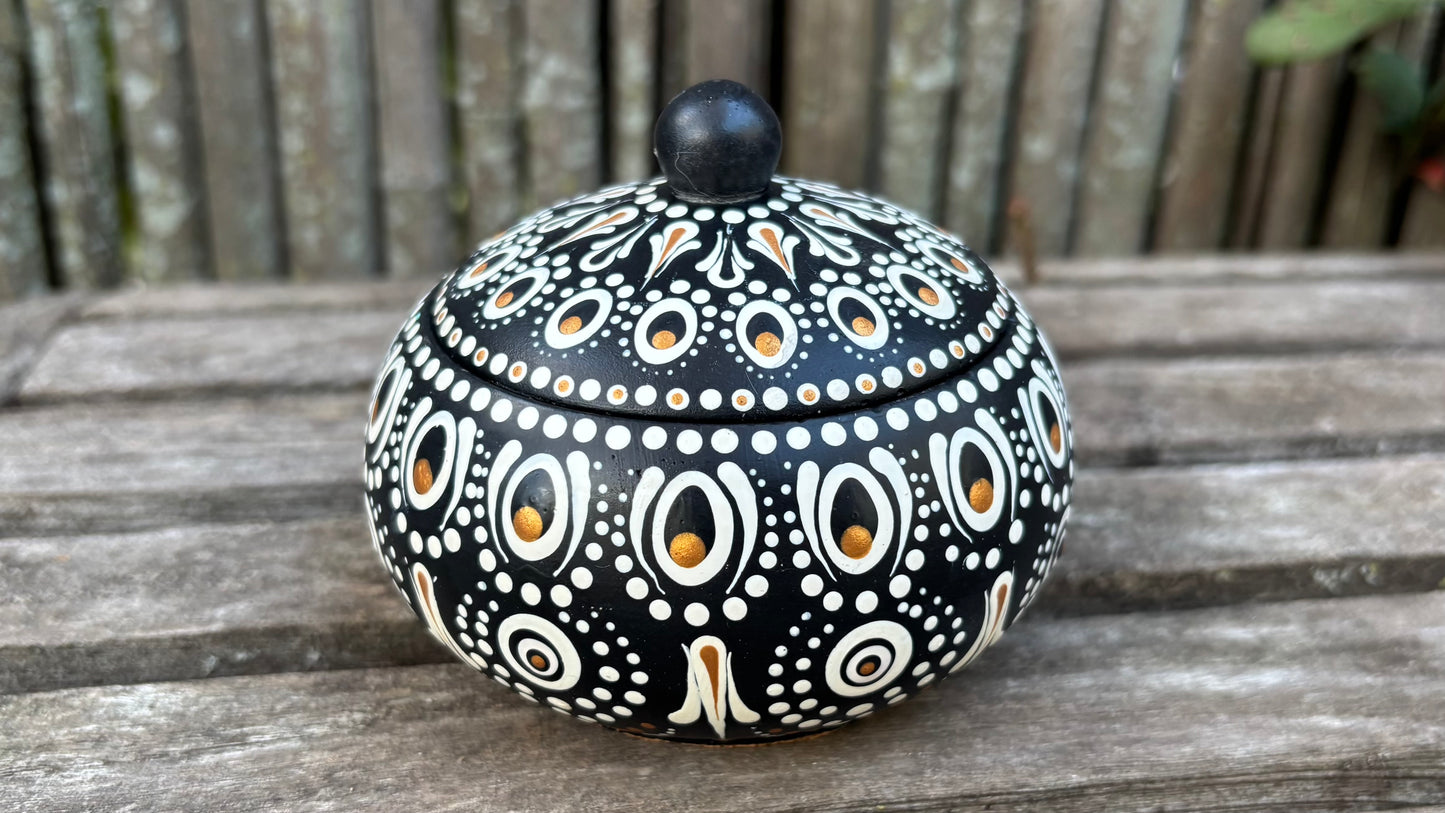 Concrete Mandala Chubby Pot with Lid-Trinket Bowl Black and White