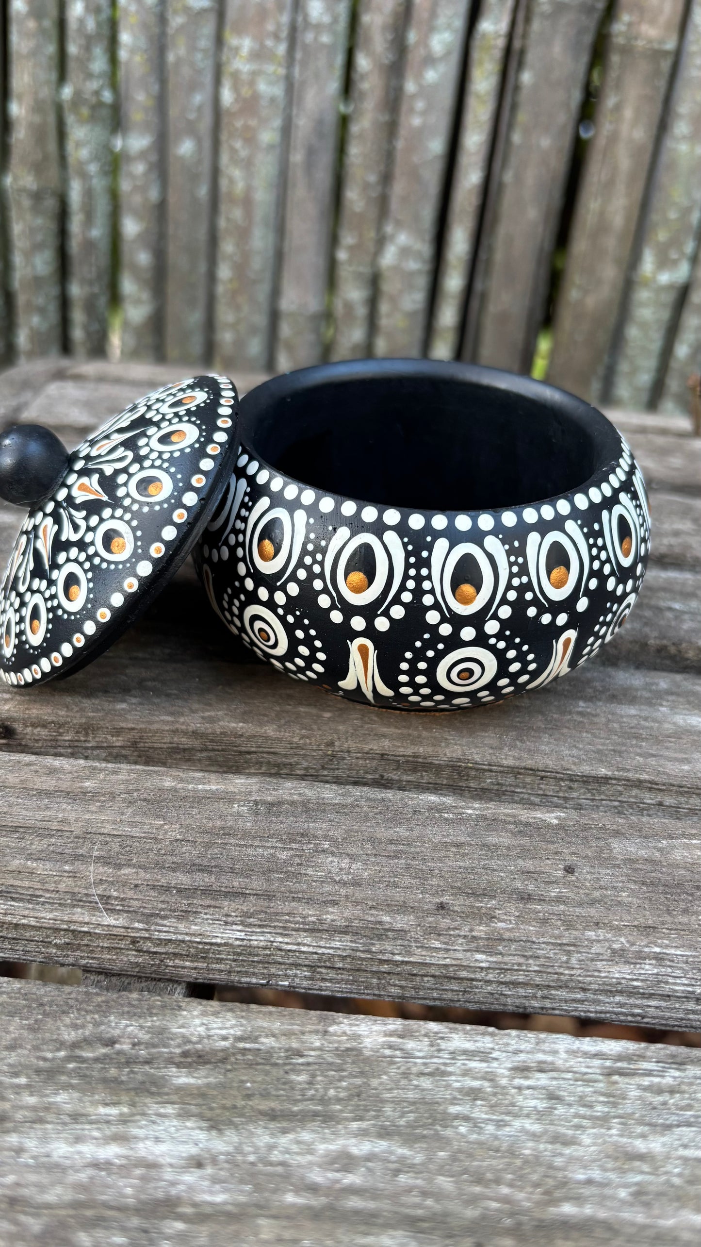 Concrete Mandala Chubby Pot with Lid-Trinket Bowl Black and White