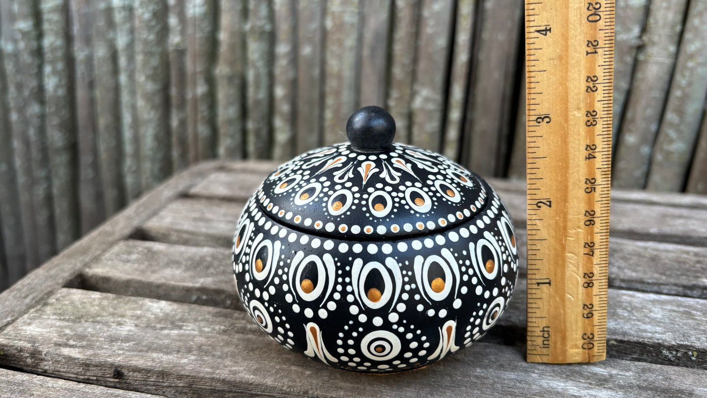 Concrete Mandala Chubby Pot with Lid-Trinket Bowl Black and White