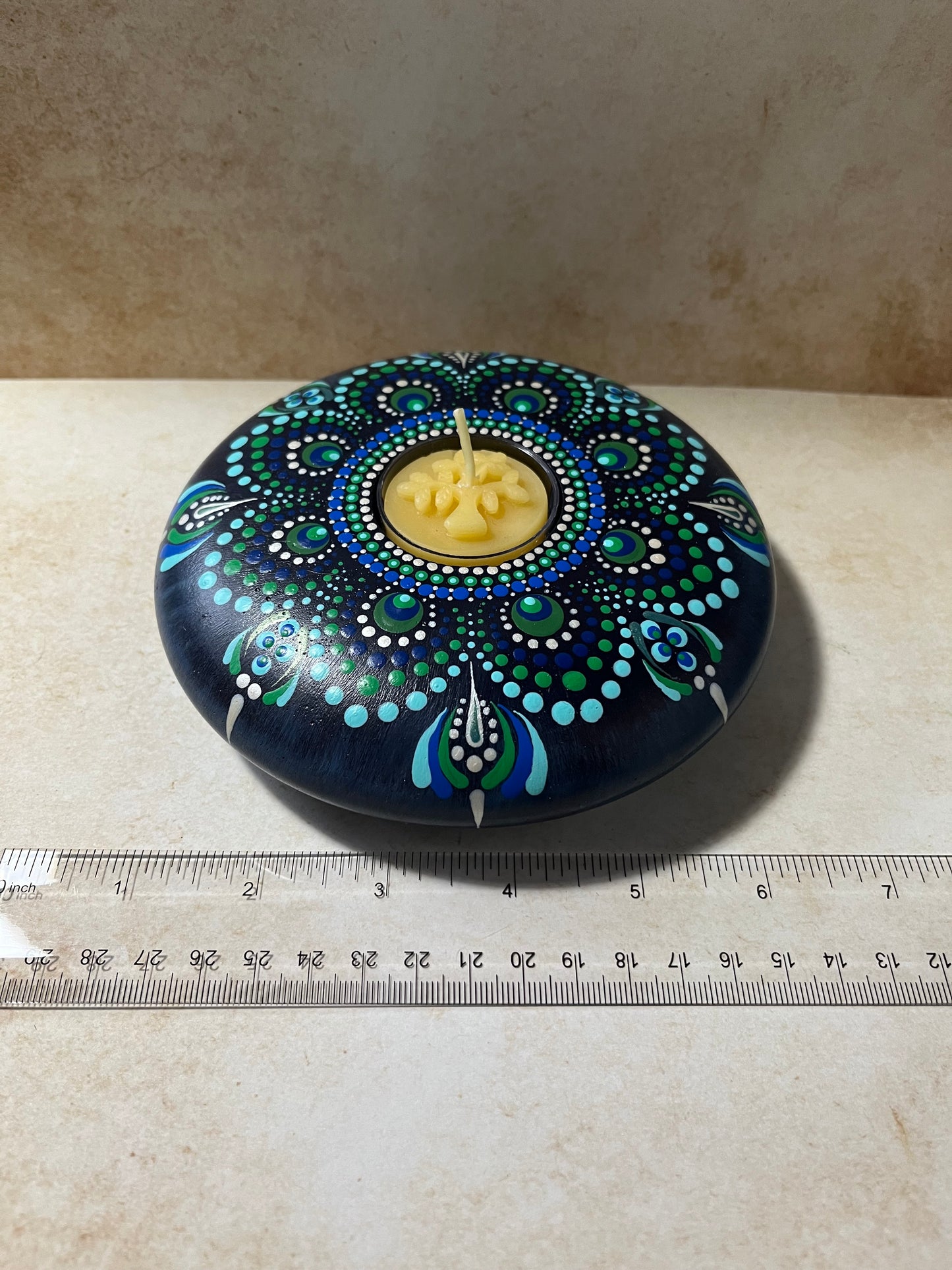 Concrete Mandala Tealight Tea Light Holder Blue, Green and Pearl LARGE