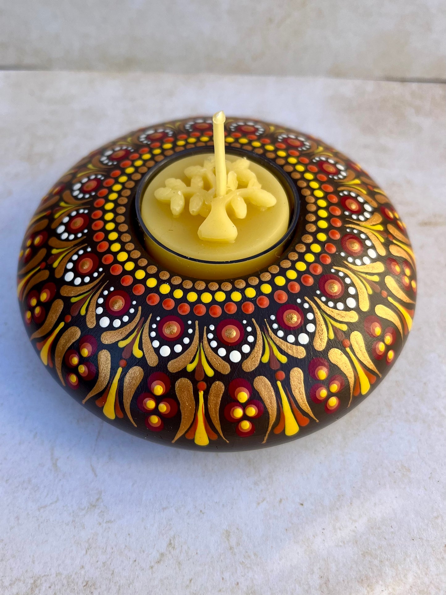 Concrete Mandala Tealight Tea Light Holder Brown, Red, Orange and Yellow