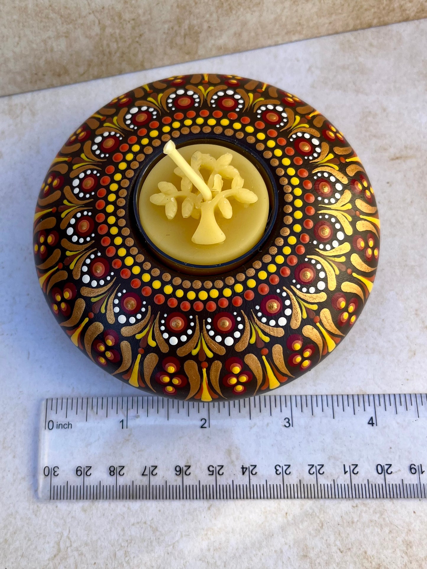 Concrete Mandala Tealight Tea Light Holder Brown, Red, Orange and Yellow