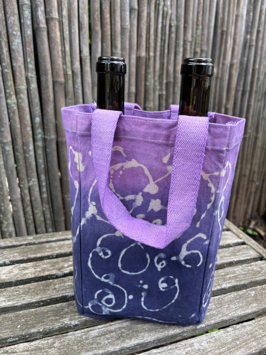 Beeswax 100% Cotton Canvas Wine/Water Bottle  Double Tote Purple/Blue