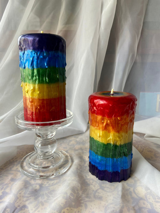 100% PURE Beeswax Candle-Handmade Decorated Hand Painted Pillar-Drip Candle-Rainbow