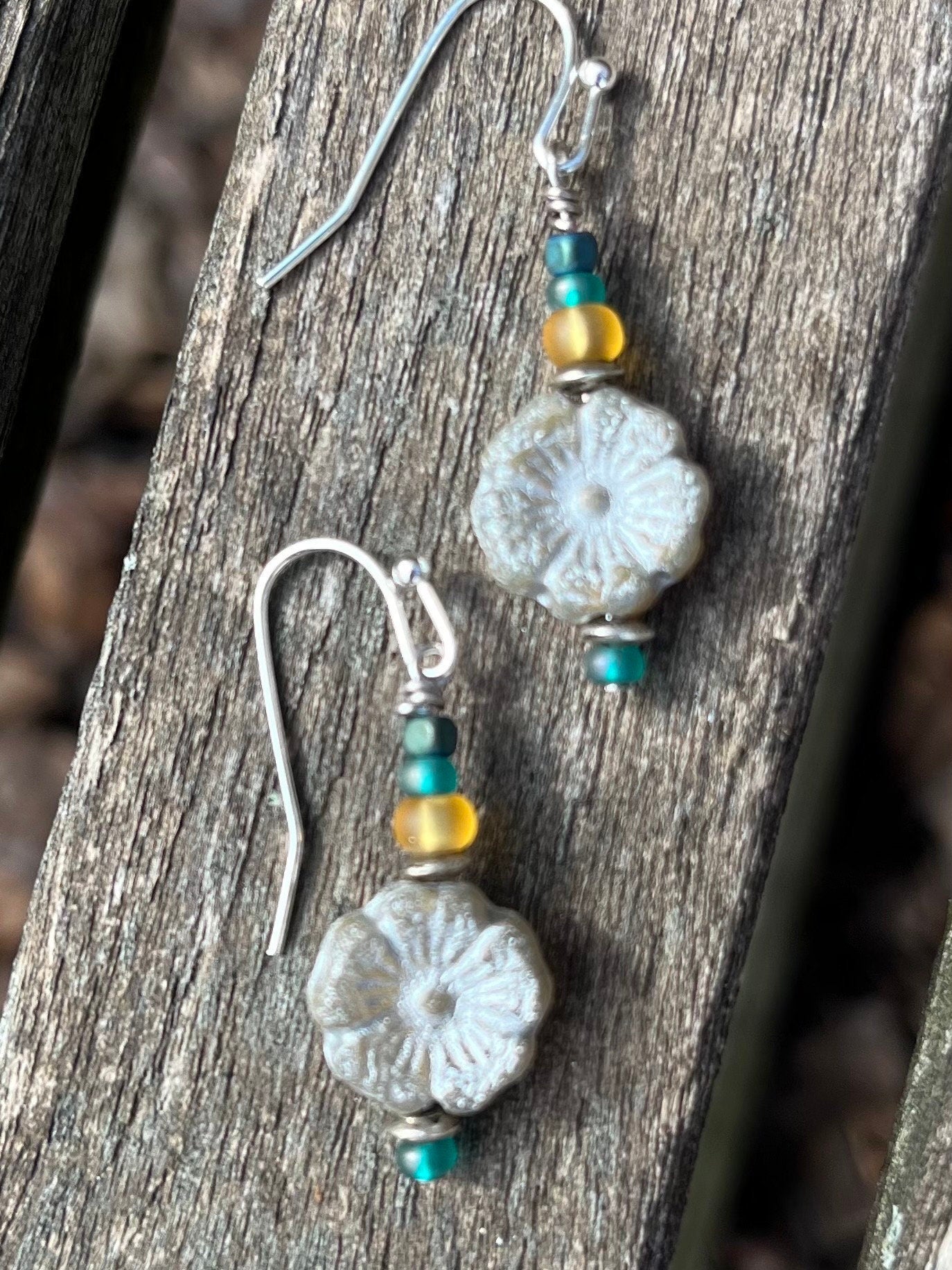 Flower Earrings-Czech Glass Bead Earrings-Flower Dangle Earrings-Coin Bead